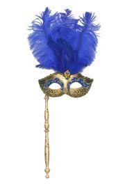 Gold and Blue Venetian Feather Masquerade Mask On A Stick with Large Blue Ostrich Feathers