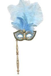 Gold and Light Blue Venetian Feather Masquerade Mask On A Stick with Large Light Blue Ostrich Feathers