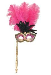 Gold and Hot Pink Venetian Feather Masquerade Mask on a Stick with Large Hot Pink Ostrich Feathers