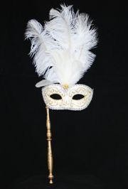 Gold and White Venetian Feather Masquerade Mask On A Stick with Large Light Purple Ostrich Feathers