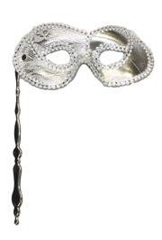 Silver Lamei Masquerade Mask On Silver Stick With Silver Lace Detail