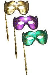 Purple, Green or Gold Lamei Venetian Masquerade Mask on a Stick