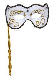 White Venetian Masquerade Mask on a Stick with Glitter Scrollwork, Acrylic Stones, And Fabric Trim