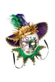 Purple, Green and Gold Hand Painted Full Face Venetian Masquerade Mask with Feathers