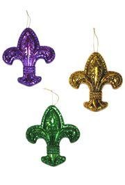2in Wide x 2 1/2in Tall Metallic Purple/ Green/ Gold Fleur-De-Lis Ornament 