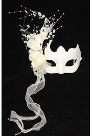 White Venetian Masquerade Mask with Glittery Scrollwork and Pearls and with Light Beige Flowers and Long Ribbon Lace