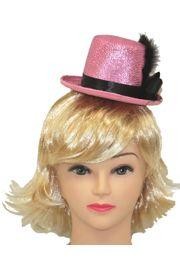 6 1/2in Wide x 3in Tall Pink Mini Top Hat w/ Black Feather 