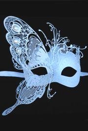 White Venetian Hand Painted Masquerade Mask with White Iridescent Metal Laser Cut and Crystals