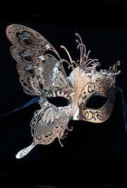 Black Venetian Hand Painted Masquerade Mask with Gold Metal Laser Cut and Crystals