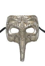 Silver Venetian Papier Mache Men Masquerade Mask with 7in Long Nose