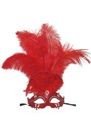 Red Venetian Masquerade Mask with Rhinestones and Red Ostrich Feathers