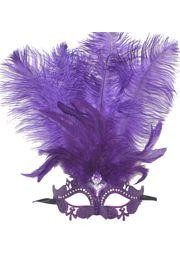 Purple Venetian Masquerade Mask with Rhinestones and Purple Ostrich Feathers