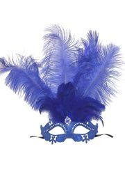 Blue Venetian Masquerade Mask with Rhinestones and Blue Ostrich Feathers