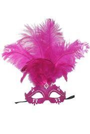 Hot Pink Venetian Masquerade Mask with Rhinestones and Hot Pink Ostrich Feathers