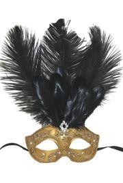 Gold Venetian Masquerade Mask with Rhinestones And Black Ostrich Feathers