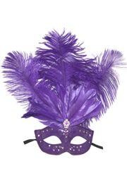Purple Venetian Masquerade Mask with Rhinestones And Purple Ostrich Feathers