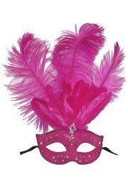 Hot Pink Venetian Masquerade Mask with Rhinestones And Hot Pink Ostrich Feathers