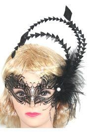 Venetian Black Metal Laser-Cut Masquerade Mask with Rhinestones And Feathers