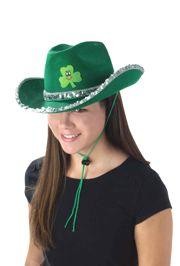 13in Wide x 7in Tall Felt St. Patrick Cowgirl Hat w/ Silver Sequins And Shamrock 