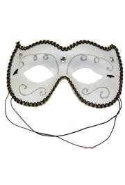 White Venetian Masquerade Mask with Glitter Scrollwork and Acrylic Stones
