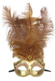 Dark Cream and Gold Venetian Masquerade Mask with Large Ostrich Plumes