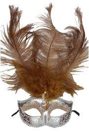 Dark Cream and Silver Venetian Masquerade Mask with Large Ostrich Plumes