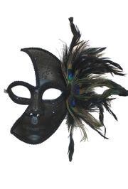 Half Moon Black Paper Mache Masquerade Mask with Peacock Feathers