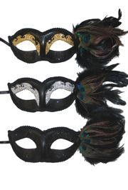 Black Paper Mache Masquerade Mask with Glittery Patterns and Peacock Feathers