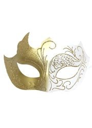 White and Gold Masquerade Mask with Gold Glitter Scrollwork