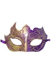 Purple and Gold Masquerade Mask with Gold Glitter Scrollwork