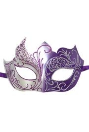 Purple and Silver Masquerade Mask with Silver Glitter Scrollwork