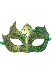 Green and Gold Masquerade Mask with Gold Glitter Scrollwork