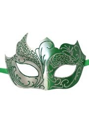 Green and Silver Masquerade Mask with Silver Glitter Scrollwork