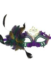 Purple, Green, and Gold Masquerade Mask With Rhinestones and Feathers