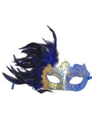 Blue and Gold Masquerade Mask with Blue Feathers
