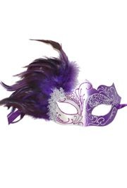 Purple and Silver Masquerade Mask with Purple Feathers