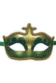 Green and Gold Hand Painted Venetian Masquerade Mask With Glittery Scrollwork
