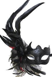 Black Plastic Venetian Masquerade Mask with Feathers And Sheer Material On The Side