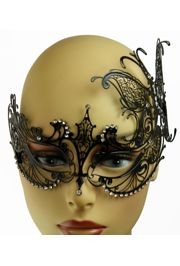 Venetian Black Metal Laser Cut Butterfly Masquerade Mask with Rhinestones