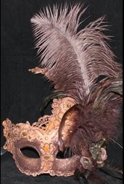 Venetian Macrame Brown Masquerade Mask with Rhinestones And Feathers