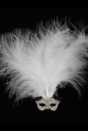 2in Wide x 1in Tall Silver Rhinestone Mask w/ White Feathers Brooch/ Pin