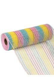 10in Wide x 30ft Long Poly Mesh Ribbon: Pink/ Yellow/ Light Blue w/ Metallic Stripes