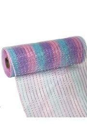 10in Wide x 30ft Long Poly Mesh Roll: Light Blue/ Pink/ Lavender w/ Metallic Stripes