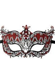 Venetian Metal Black Laser Cut Masquerade Mask with Red Rhinestones And Glitter Scrollwork