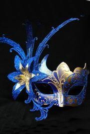Blue and Gold Venetian Masquerade Mask with Blue Metal Laser Cut