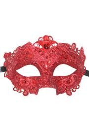 Red Venetian Macrame Masquerade Mask with Glitter Accents and with Rhinestones