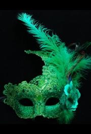 Green Venetian Macrame Masquerade Mask With Rhinestones And With Feathers On The Side