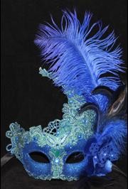Venetian Macrame Blue Masquerade Mask With Rhinestones And With Feathers On The Side