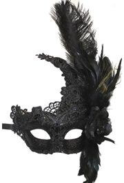 Venetian Macrame Black Masquerade Mask With Rhinestones And With Feathers On The Side