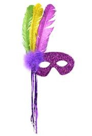 Mardi Gras Tinsel Tie Masquerade Masks on a Stick with Feathers
